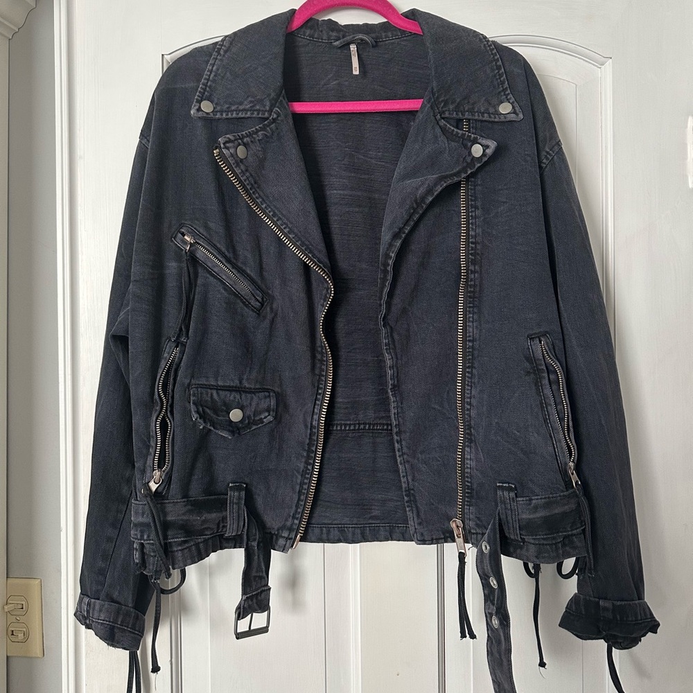 Free People Black Denim Moto Jacket Size XS